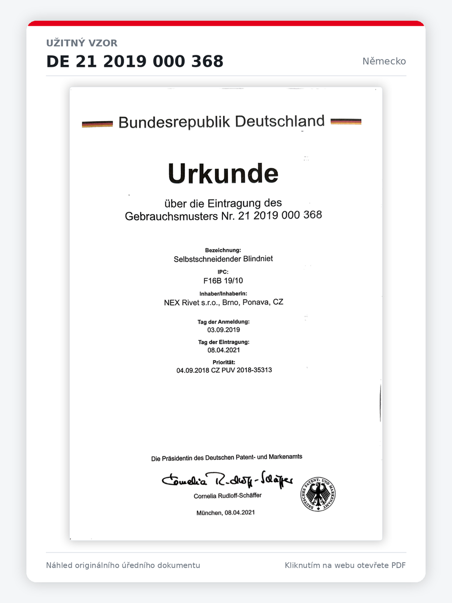 Gebrauchsmuster Nr. 21 2019 000 368